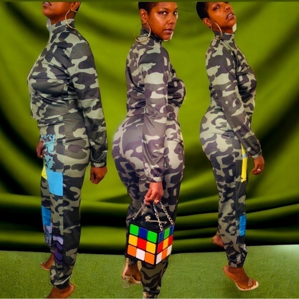 CAMOUFLAGE/CHEETAH PRINT COLOR BLOCK 2 PIECE SET